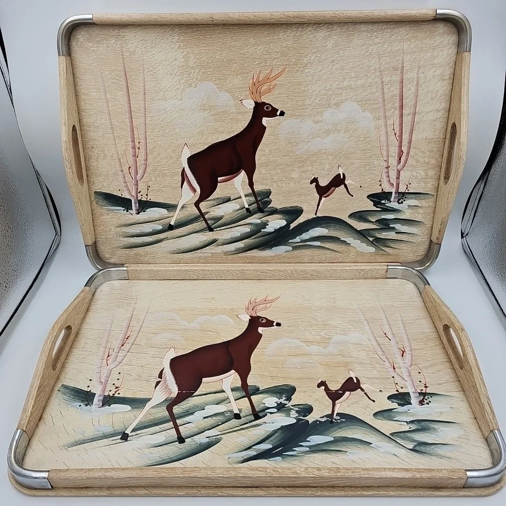 Vintage Japanese Tea Bar Serving Trays Hand Painted Wooden‎ Deer Buck Trees Doe